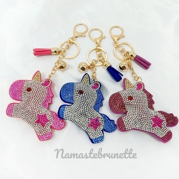 Unicorn Crystal Rhinestone Keychain Bag Charm With Blue Tassel - Picture 7 of 15